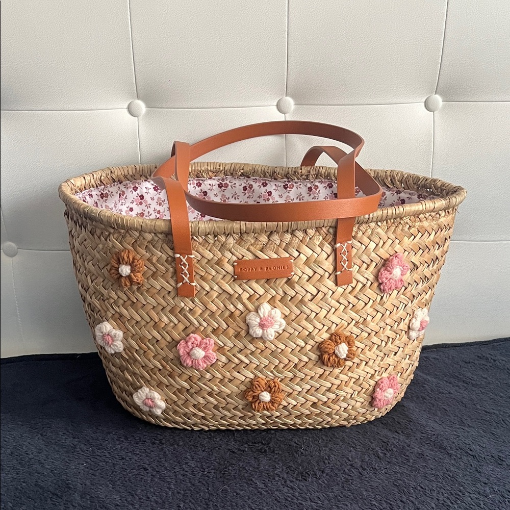 Poppy & Peonies Straw Tote with Pink, Cream & Tan Flower Accents
